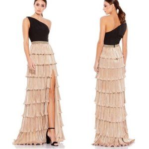 Mac Duggal Black And Gold One-Shoulder Ruffle Tiered Embellished Gown